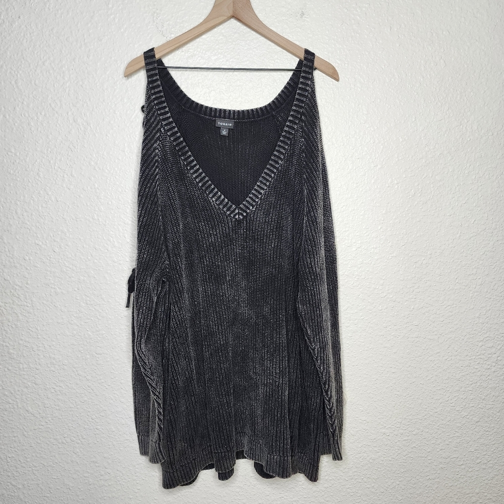 Torrid Lace Up Cold Shoulder Ribbed Gray Mineral Wash Sweater Women's Size 4X